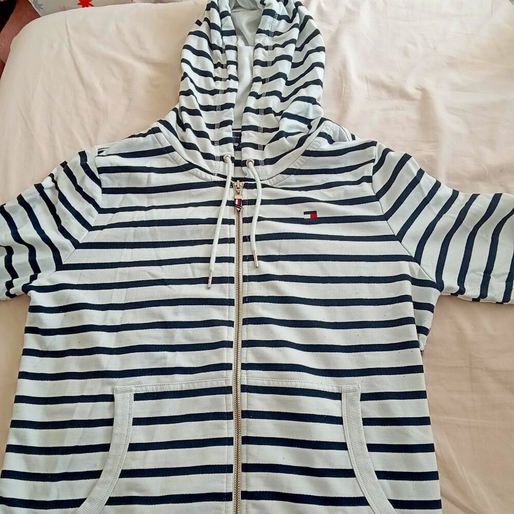 Blue and White Tommy Hilfiger XL Zip-up hoodie